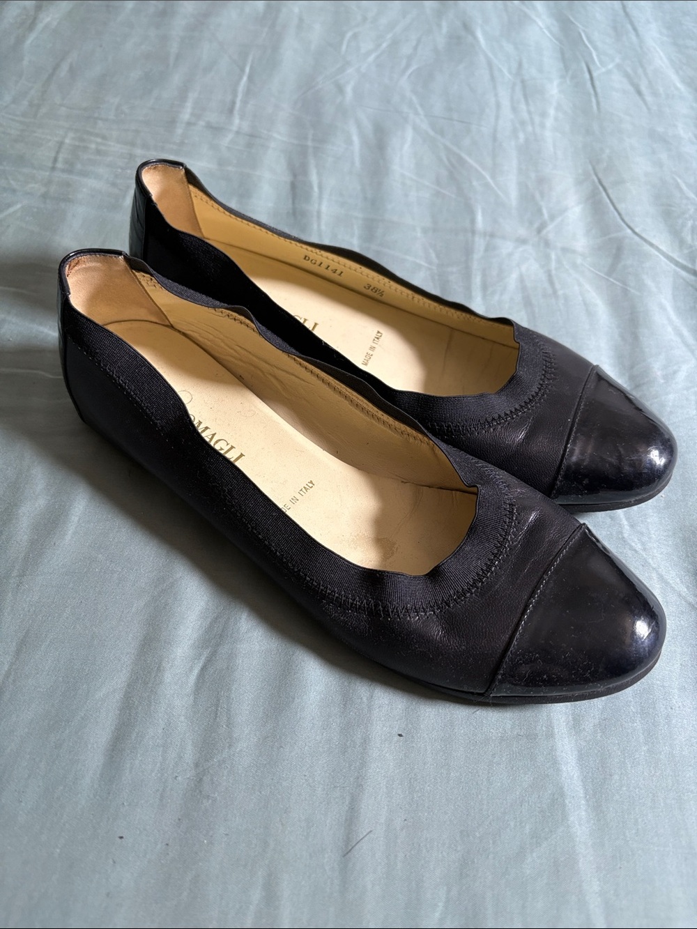 Bruno Magli Black Leather Cap-Toe Flats with Scalloped Topline